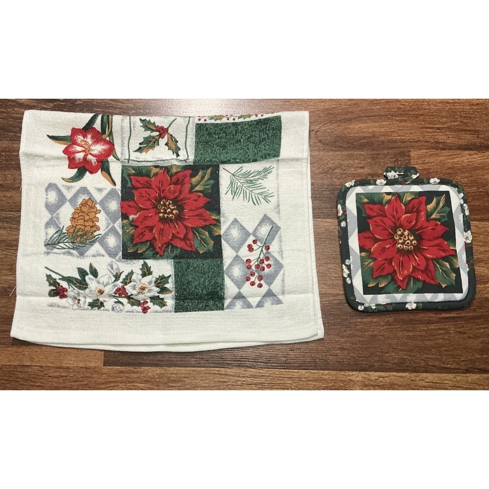 2pc Festive Christmas Kitchen Set Poinsettia Kitchen Towel/Potholder 100% Cotton